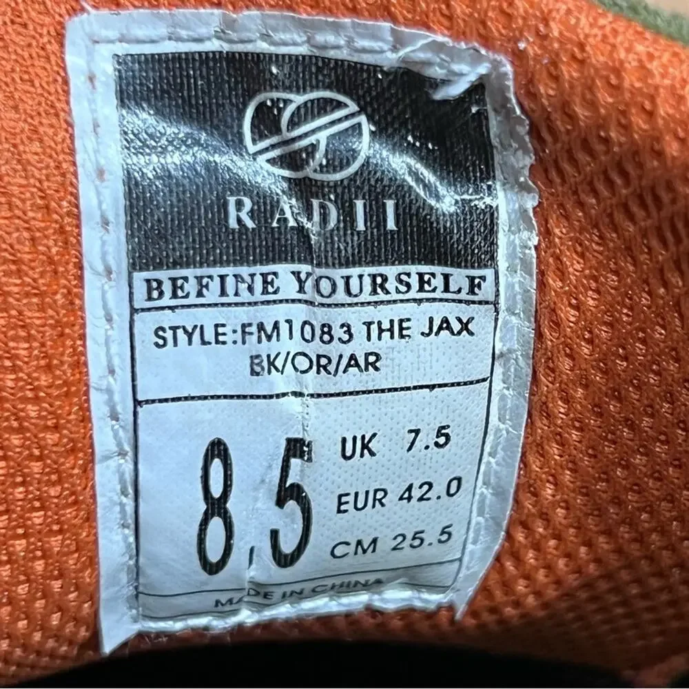 Radii FM1083 The Jax Olive Black Orange Suede Skateboarding Shoes Mens Size 8.5